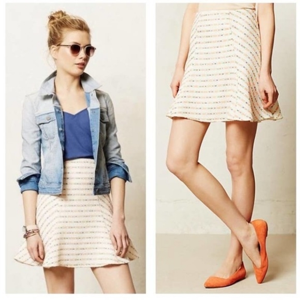 💘 Anthro Maeve Lucaya Swing Skirt 4 Metallic Stripe Knit Ivory Gold Zipper